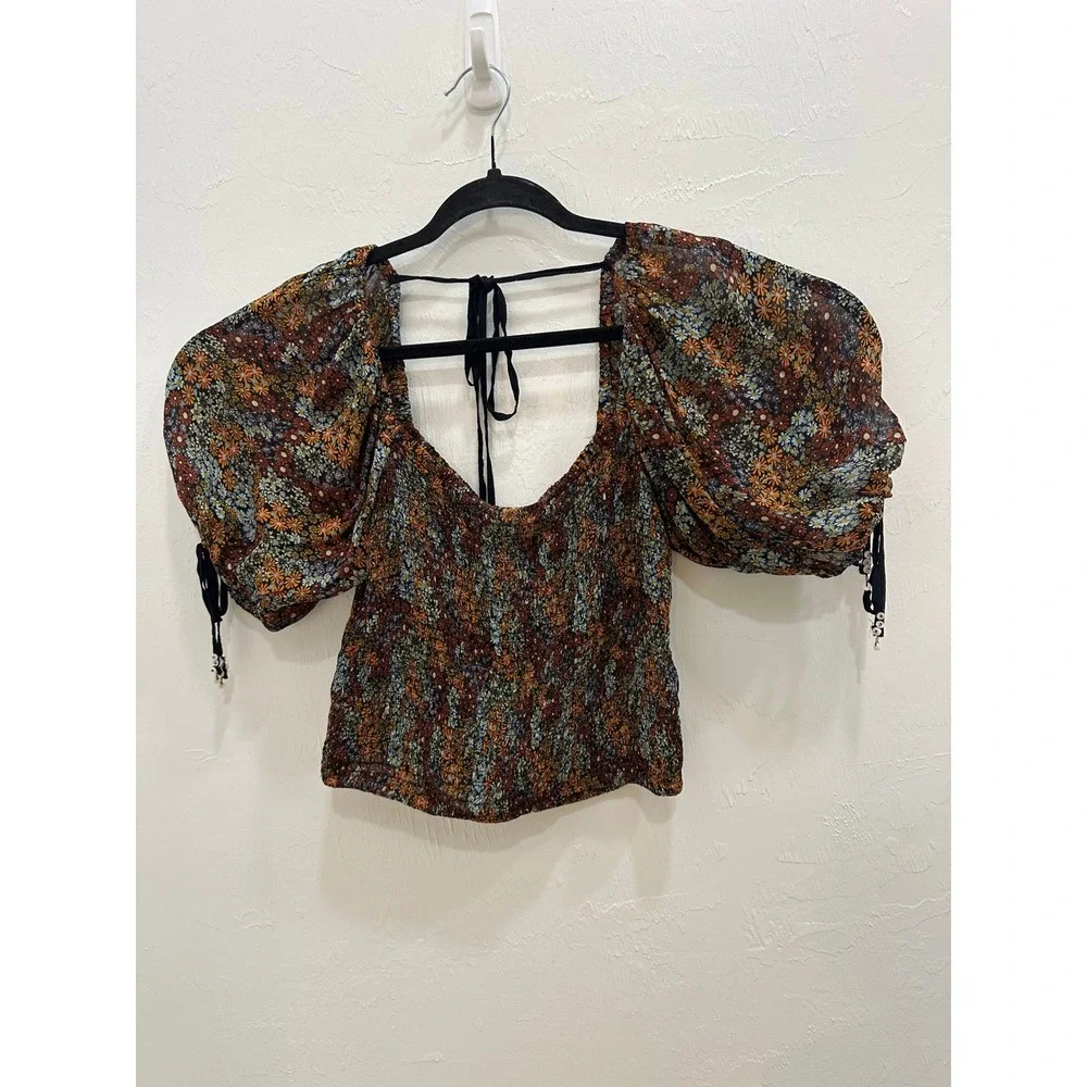 Free People Smocked Floral Puff Sleeve Top Square Neck Boho Multi-Color Casual S